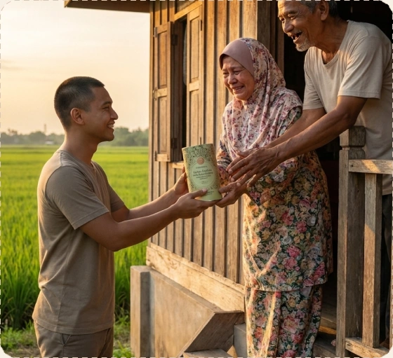 Anak menghadiahkan tin CEO Bakes kepada ibu bapa di kampung